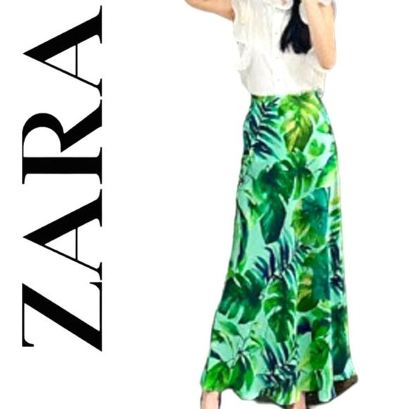 Zara Skirts Zara Palm Tree Leaf Tropical Silky Green Plant Fern